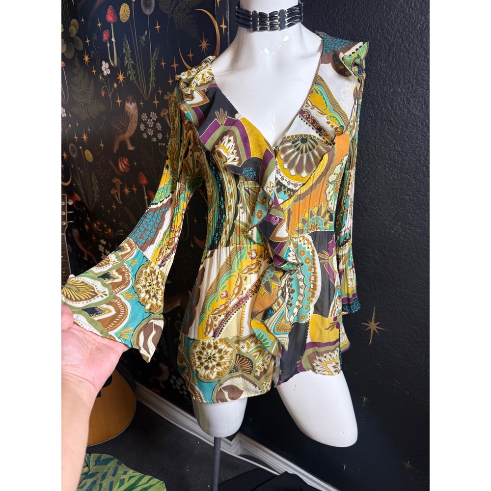 Sunny Leigh Womens Pleated Ruffle V-Neck Blouse Multi Paisley Patchwork Top M
